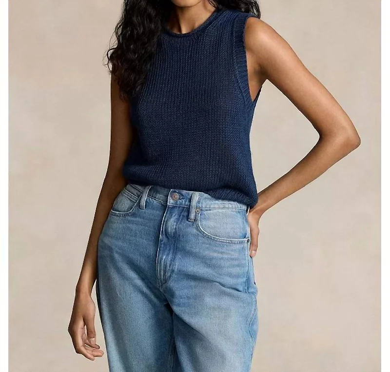 Polo Sleeveless Tank Sweater In Dark Indigo Delave Chenille Brocade Lace