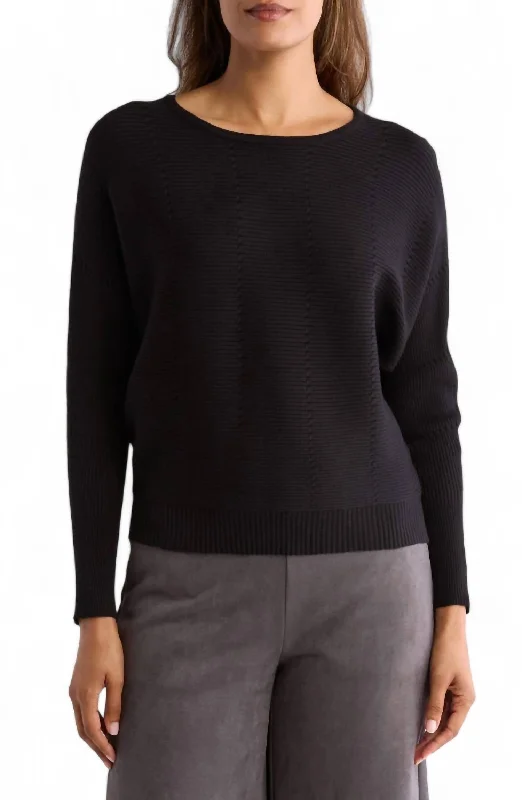 Ribbed Dolman Sleeve Sweater In Black Elegant Classic Vintage
