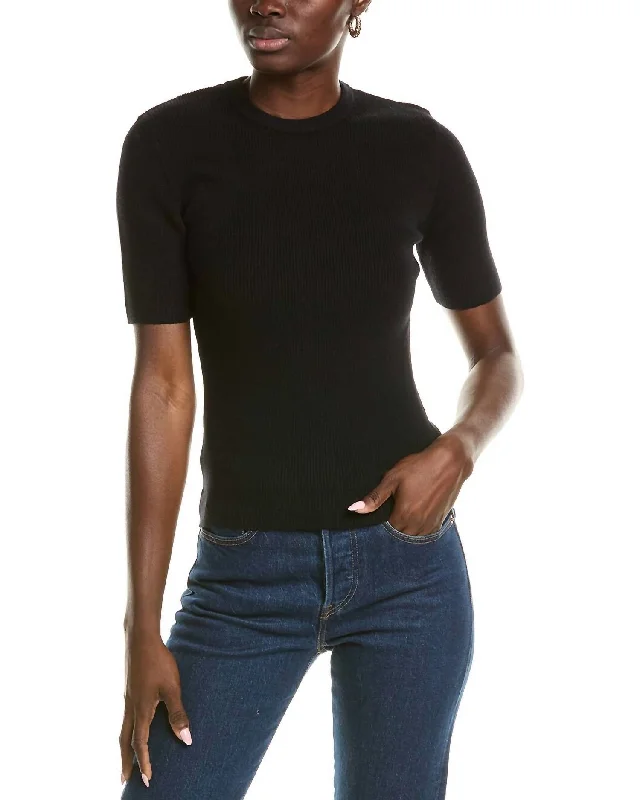 Salma Ribbed Short Sleeve Sweater In Black Fleece Fabric Down Fabric Feather Fabric
