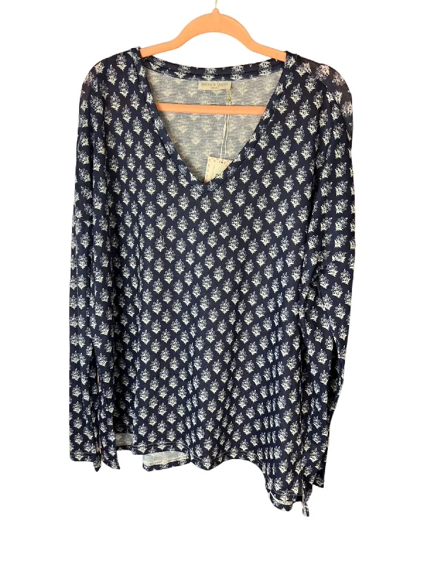 Scarlett Sweater In Newport Blossom Navy Notch Collar Peter Pan Collar Cowl Neck