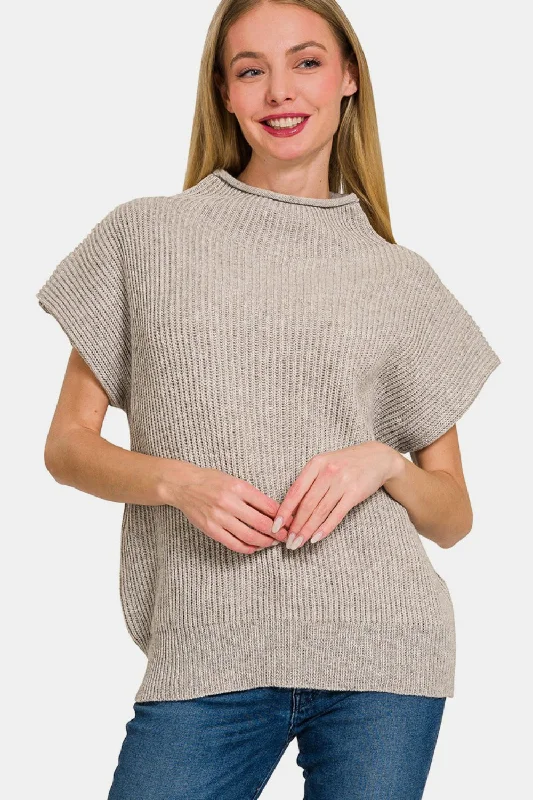 Short Sleeve Mock Neck Sweater Chenille Blend Fleece Blend Nylon Blend