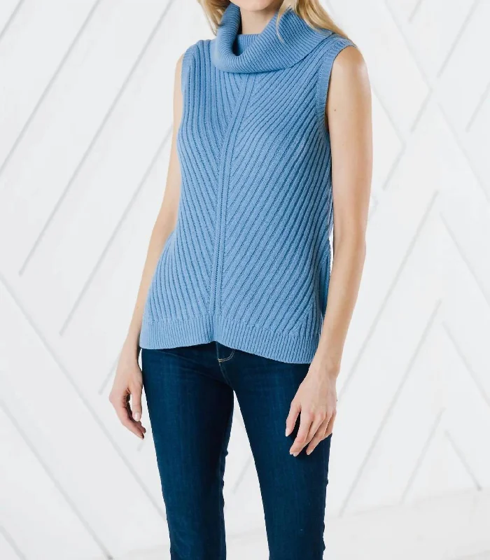 Sleeveless Turtleneck Sweater In Cadet Blue Denim Fabric Leather Fabric Suede Fabric