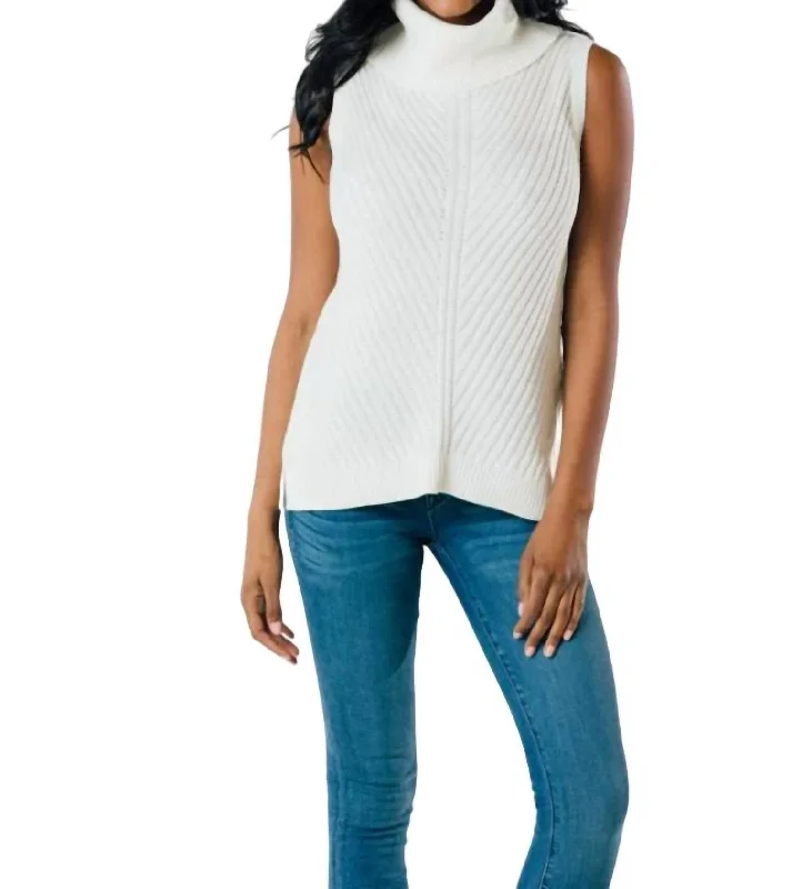 Sleeveless Turtleneck Sweater In White Welt Pockets Slit Pockets Flap Pockets