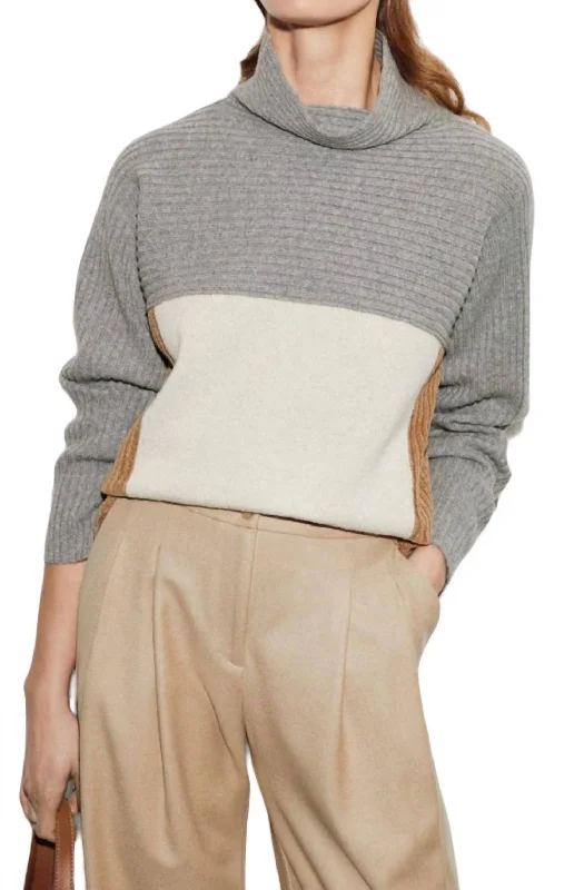 Tricolor Sweater In Honey/nougat/grey Graphic Sweater Embroidered Appliqued