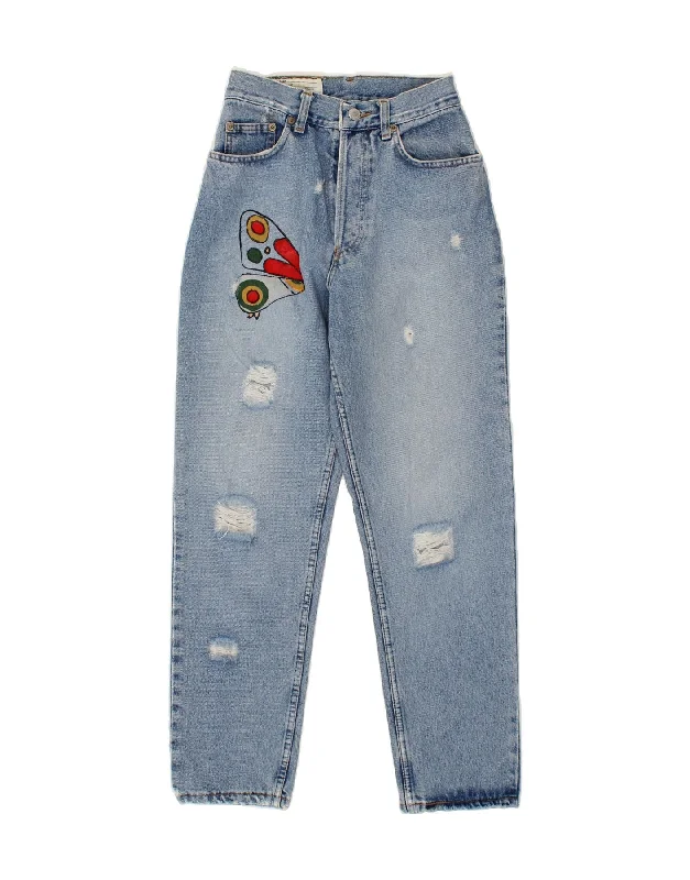 UNIFORM Womens Distressed High Waist Tapered Jeans W28 L27 Blue Cotton Chic Double Waistband Jeans UNIFORM Womens Distressed High Waist Tapered Jeans W28 L27 Blue Cotton Chic Double Waistband Jeans
