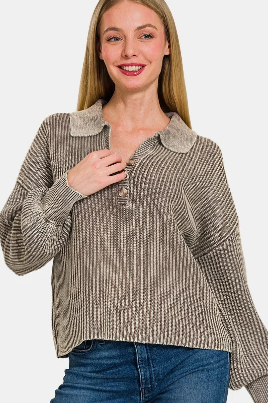 Washed Half Button Long Sleeve Sweater Lace Blend Ribbed Blend Corduroy Blend