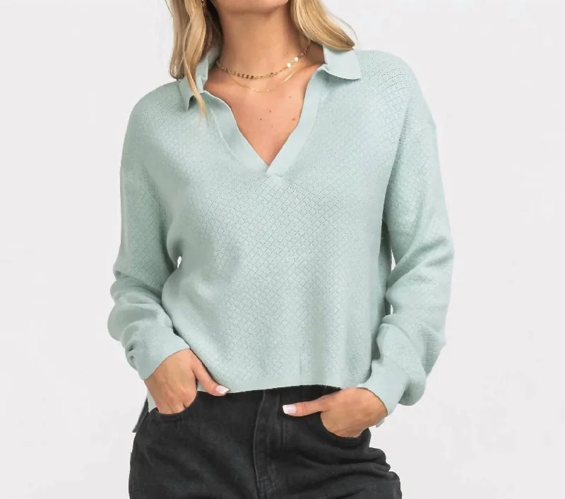 Women's Knit Polo Sweater In Moon Mist Handmade Hand-knitted Hand-woven