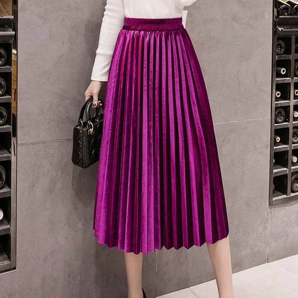 2019 Autumn Winter Velvet Skirt High Waisted Skinny Large Swing Long Pleated Skirts Metallic Plus Size Faldas Saia Fashion Femal leather skirt bold