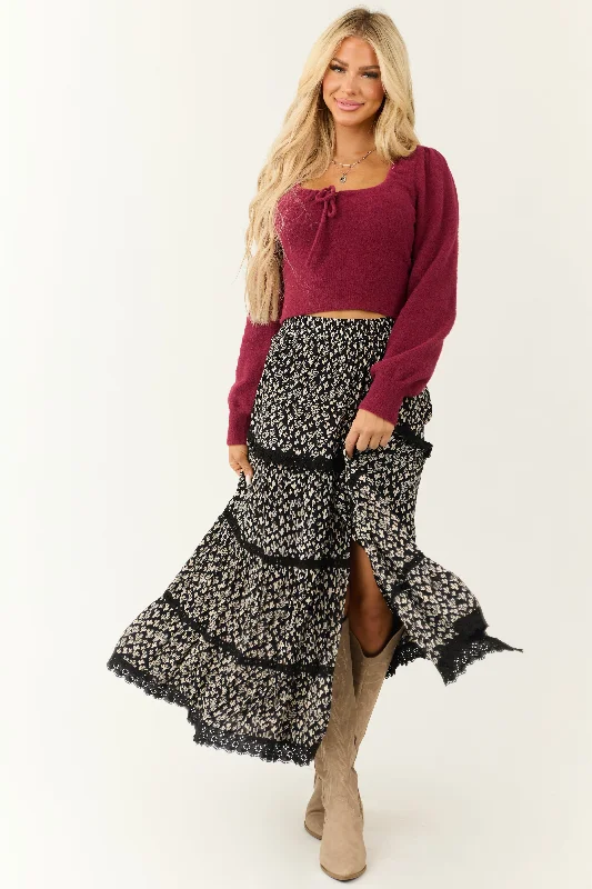 Black Cactus Print Lace Trim Slit Maxi Skirt linen skirt natural