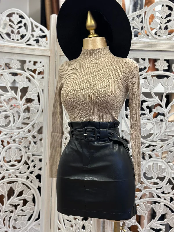 Black Faux Leather Skirt With Bel wool skirt breathable