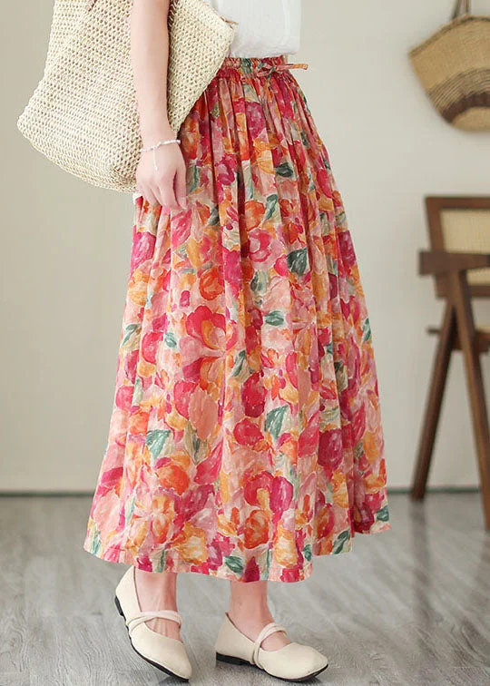 Boho Floral Wrinkled Pockets Elastic Waist Patchwork Linen Skirts Summer a-line skirt cut