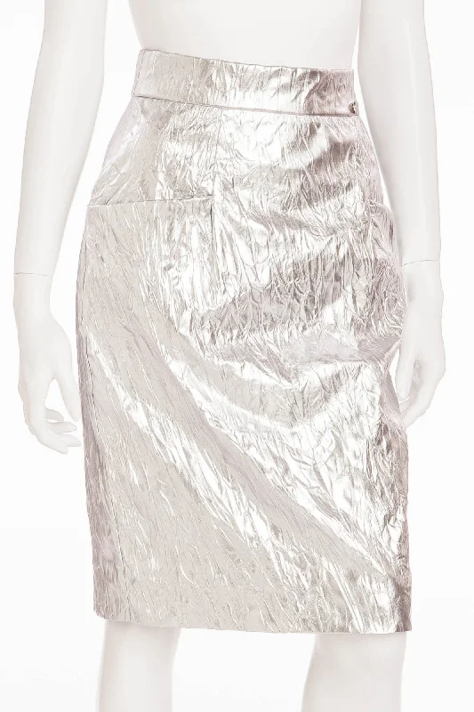 Chanel - New with Tags Leather Crinkled Silver Pencil Skirt - FR 40 chiffon skirt lightweight