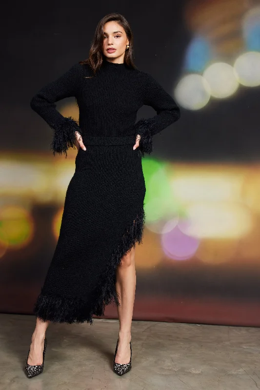 Clio Feathered Fringe Asymmetrical Skirt silk skirt luxurious