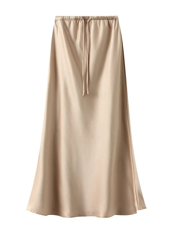 Elastic Waist Drawstring Slim Satin Skirt linen skirt breathable