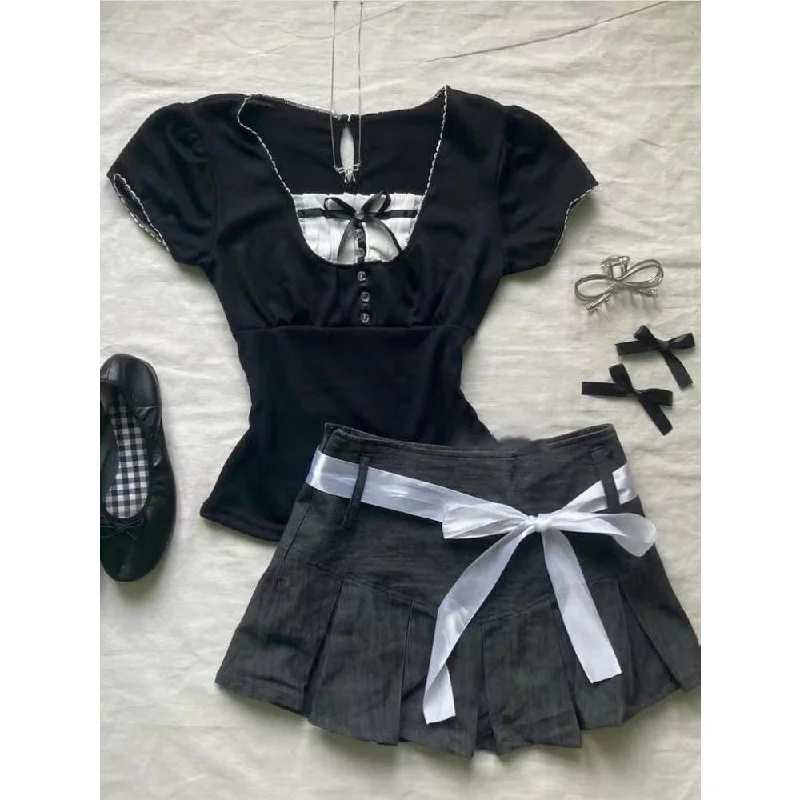 Elegant two-piece bow-knot top and pleated skirt denim skirt stylish