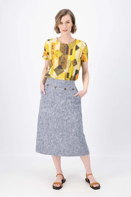Hepburn Panorama Skirt Navy in Herringbone Linen slim fit skirt