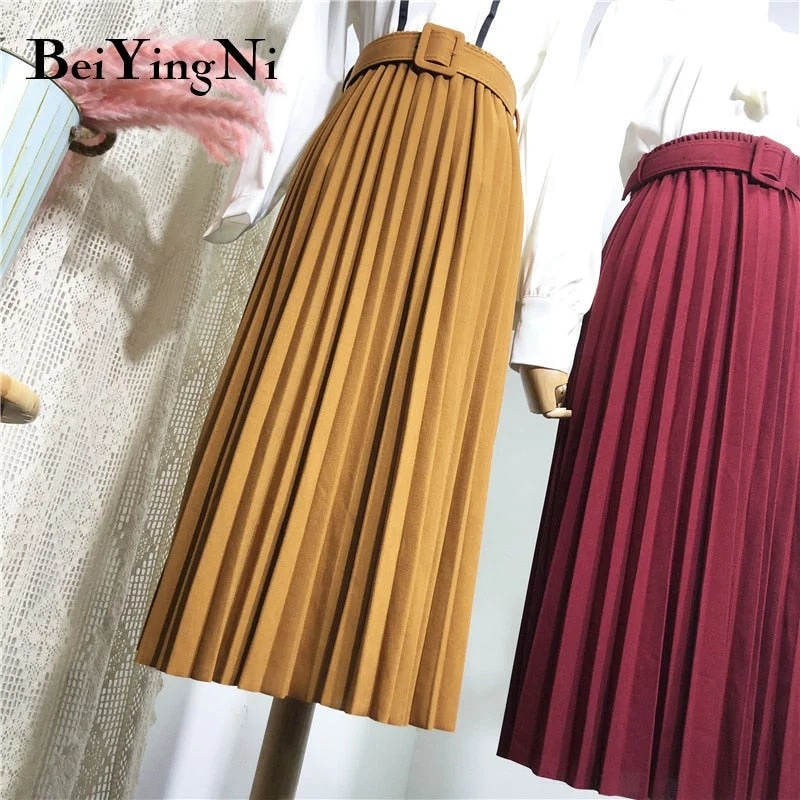 High Waist Women Skirt Casual Vintage Solid Belted Pleated Midi Skirts lace skirt intricate
