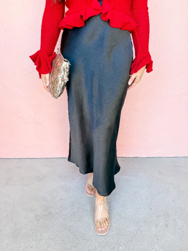 Shift In Perspective Satin Maxi Skirt-Black boho skirt vibe