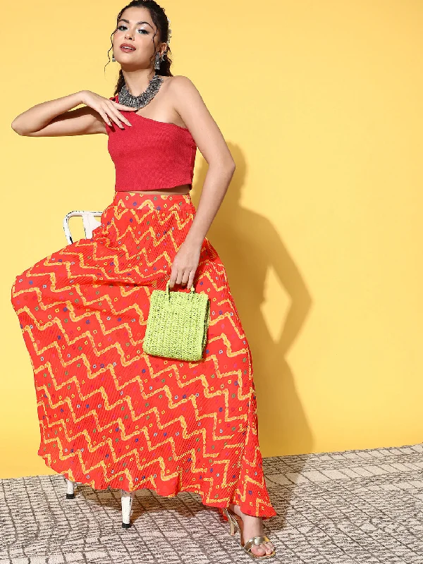 InWeave Women's Orange Bandhej Pleated Skirt lightweight skirt design