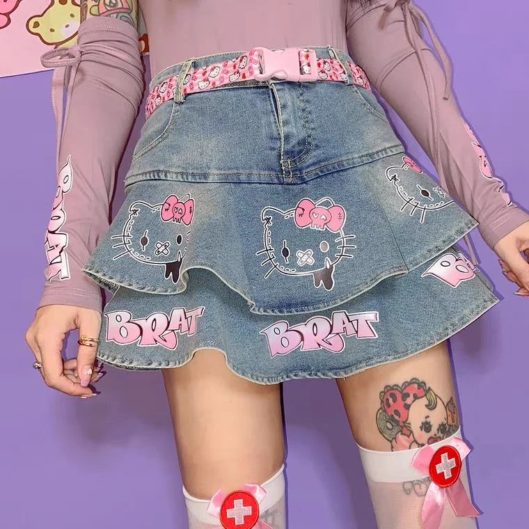 JAPANESE CUTE “HELLO KITTY” Y2K CAKE DENIM SKIRT BY50058 lightweight skirt design