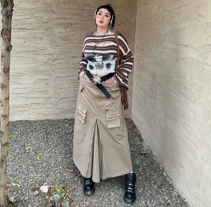 Jess Pleated Cargo Solid Color Brown Multi Pocket Lonk Skirt wool skirt warm