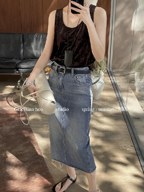 Laurine Denim Pencil Midi Skirt elastic waist skirt