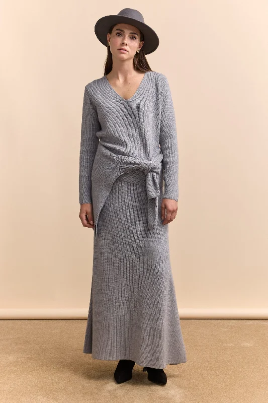 Long knit flare skirt elastic waist skirt