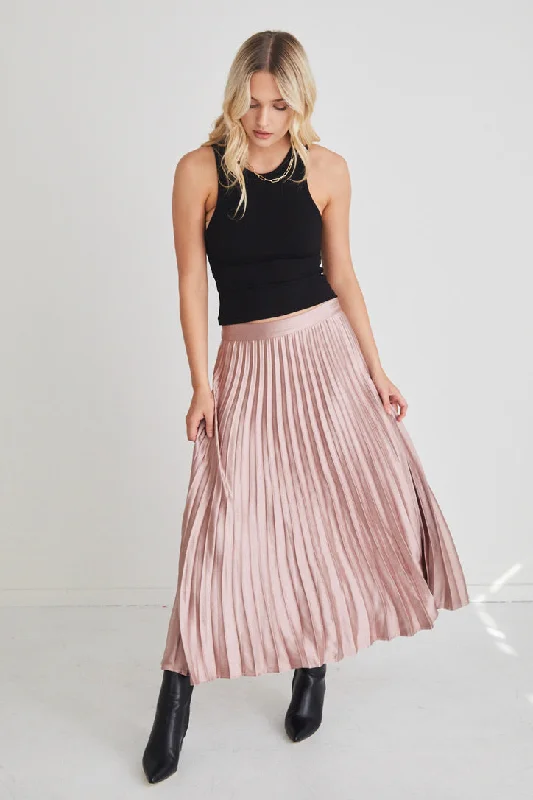 Luminescent Blush Satin Pleated Midi Skirt denim skirt durable