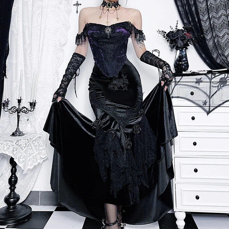 Mall Goth Velvet Fishtail Women Vintage Jacquard Hip Wrap Fairy Grunge Victorian Ladies SteamLong Skirt asymmetrical skirt cut