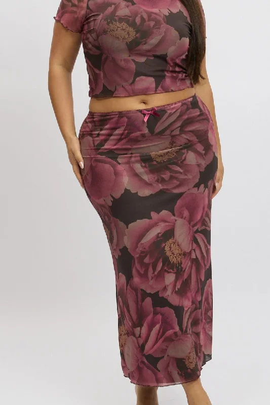 Multi Floral Mesh Skirt With Bow Trim lightweight skirt design