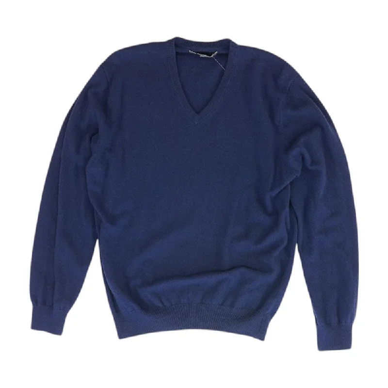 Navy Solid V-neck Sweater Spandex Rayon Corduroy