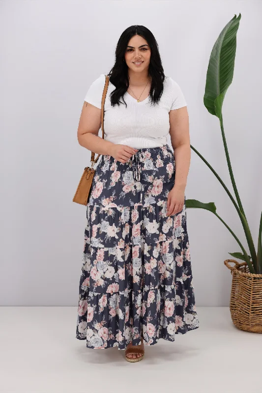 New U Collection Vintage Floral Navy Maxi Skirt linen skirt relaxed