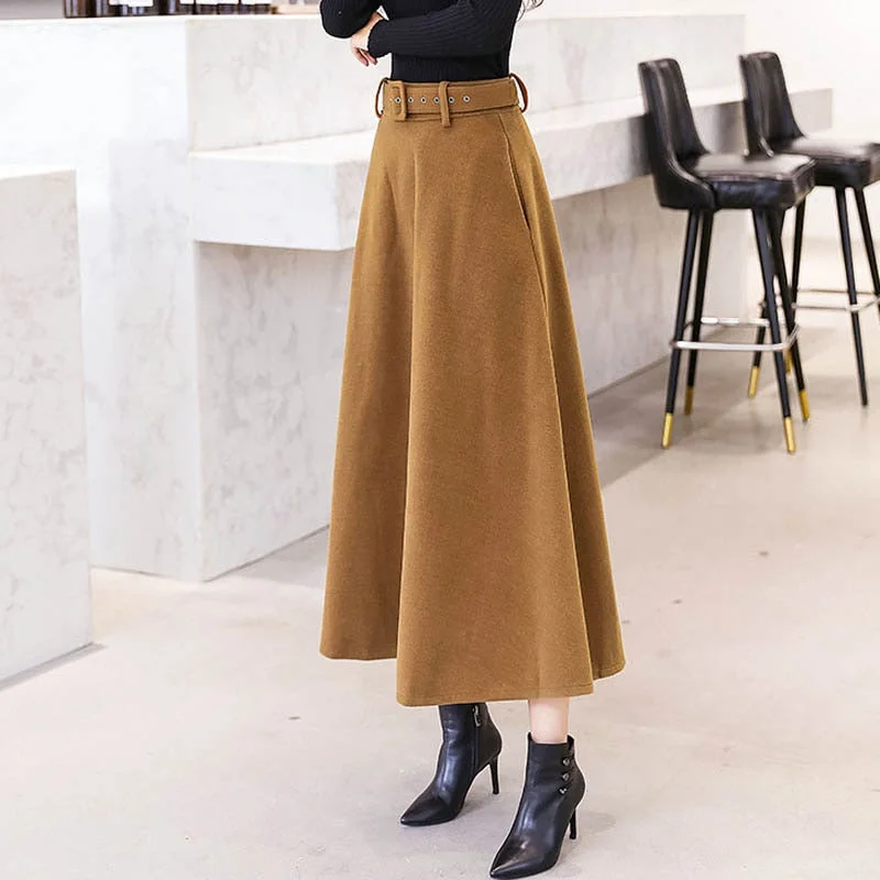 NORMOV 2019 Fashion Winter Women's Wool Skirts With Belt Solid Color Vintage Woolen Skirt Female Streetwear Casual Long 4 Color tiered skirt playful