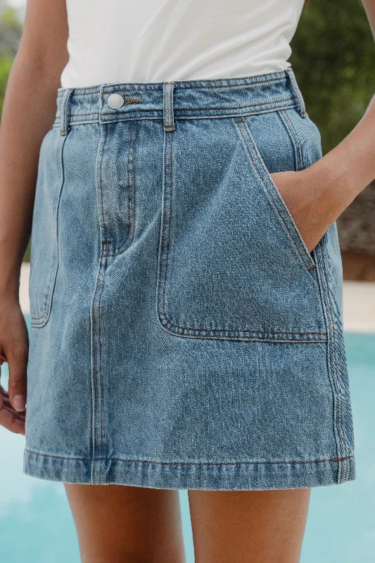 Orchard Mid Blue Pocket Front Denim Mini Skirt linen skirt airy