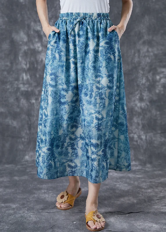 Plus Size Blue Elastic Waist Print Linen A Line Skirts Summer button skirt front