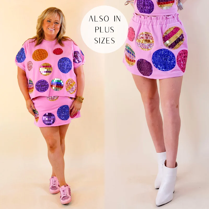 Queen Of Sparkles | Multi Disco Ball Graphic Skort in Pink flowy skirt hem