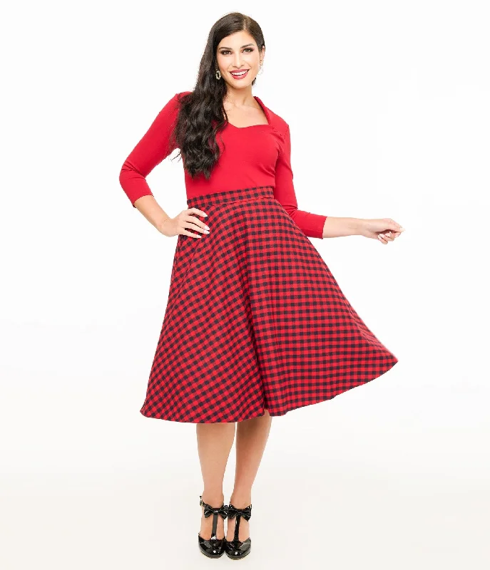 Red & Black Plaid Midi Skirt denim skirt trendy