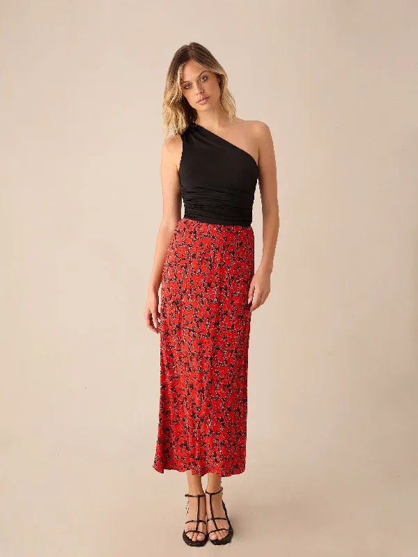 Red Blurred Floral Print Bias Cut Maxi Skirt cashmere skirt plush