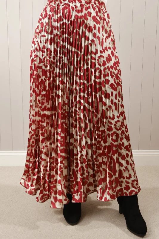 Satin pleated print skirt Red leather skirt refined