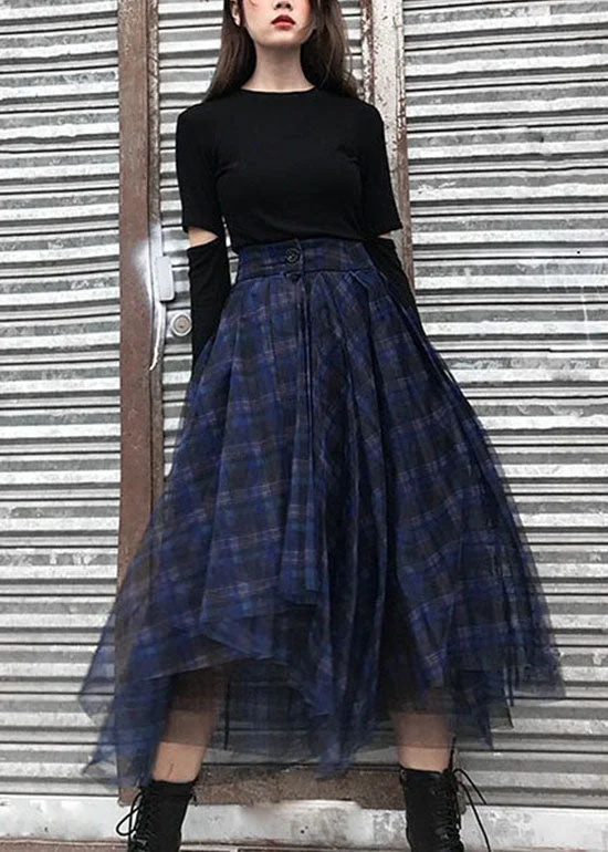 Style Blue asymmetrical design Plaid tulle Skirt Spring slim fit skirt