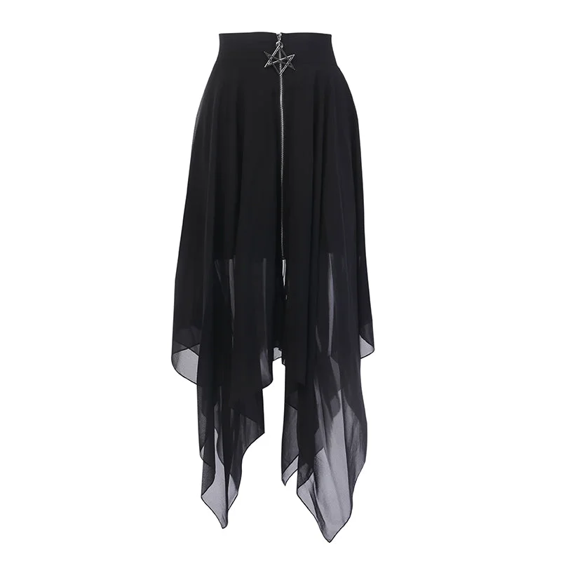 Summer Mesh Irregular Women Skirts Pentagram Zipper Black Punk Skirts Gothic Darkness Lady Skirt Casual Loose Streetwear Skirts pencil skirt chic