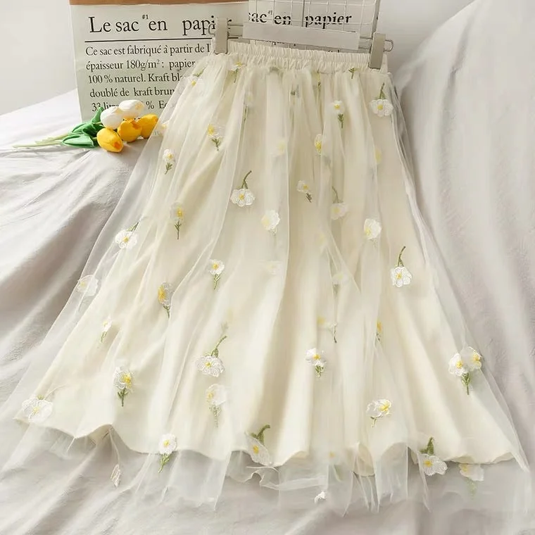 SWEET FLOWER EMBROIDERY MESH SKIRT BY50051 chiffon skirt floaty