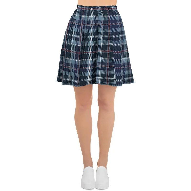 Tartan Blue Plaid Women's Skirt button skirt front