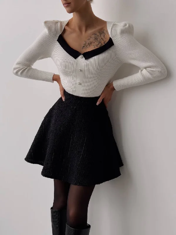 Textured Black Flared Skirt-Short denim skirt classic