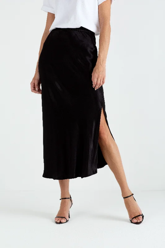 "The Orla" - Satin Midi Skirt (Black) pencil skirt chic