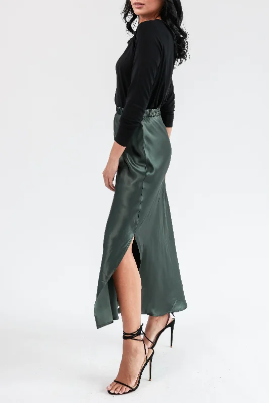 "The Orla" - Satin Midi Skirt (Khaki) linen skirt natural