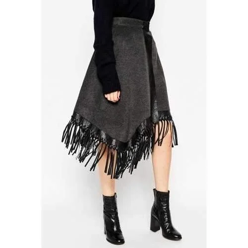 Stylish Fringed Wrap Premium Women's Midi Skirt - Deep Gray L patchwork skirt art