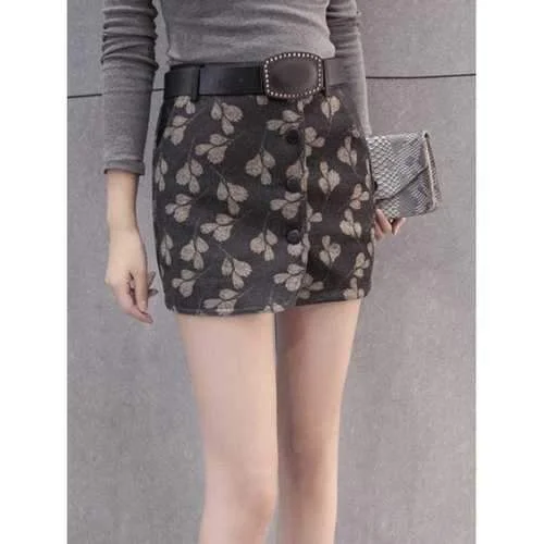 Printed Woolen Skirt With Belt - Brown Grey L leather skirt bold