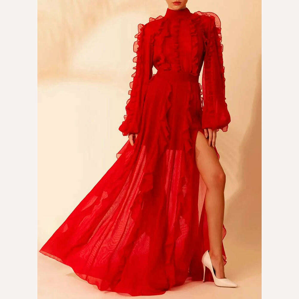 VGH Patchwork Mesh Two Piece Set For Women Stand Collar Lantern Sleeve Top High Waist Split Thigh Skirt Elegant Sets Female New velvet skirt luxurious