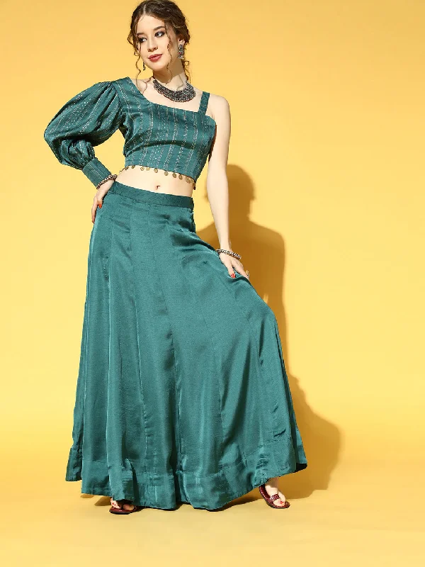 Women's Green & Beige Printed Top & Skirt - Yufta cashmere skirt plush